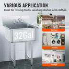 VEVOR Stainless Steel Kitchen Prep & Utility Sink 1 Compartment Restaurant Commercial Steel Sink w/Faucet for Restaurant Home