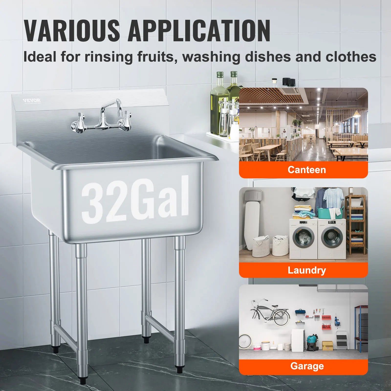 VEVOR Stainless Steel Kitchen Prep & Utility Sink 1 Compartment Restaurant Commercial Steel Sink w/Faucet for Restaurant Home