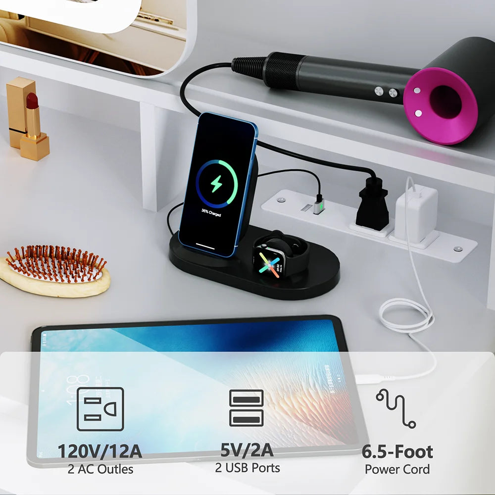 TAYAO White Vanity Desk with LED Lights Mirror Power Outlet and Chair 3 Lighting Modes 2 Drawers, 2 Shelves and Cushioned Stool