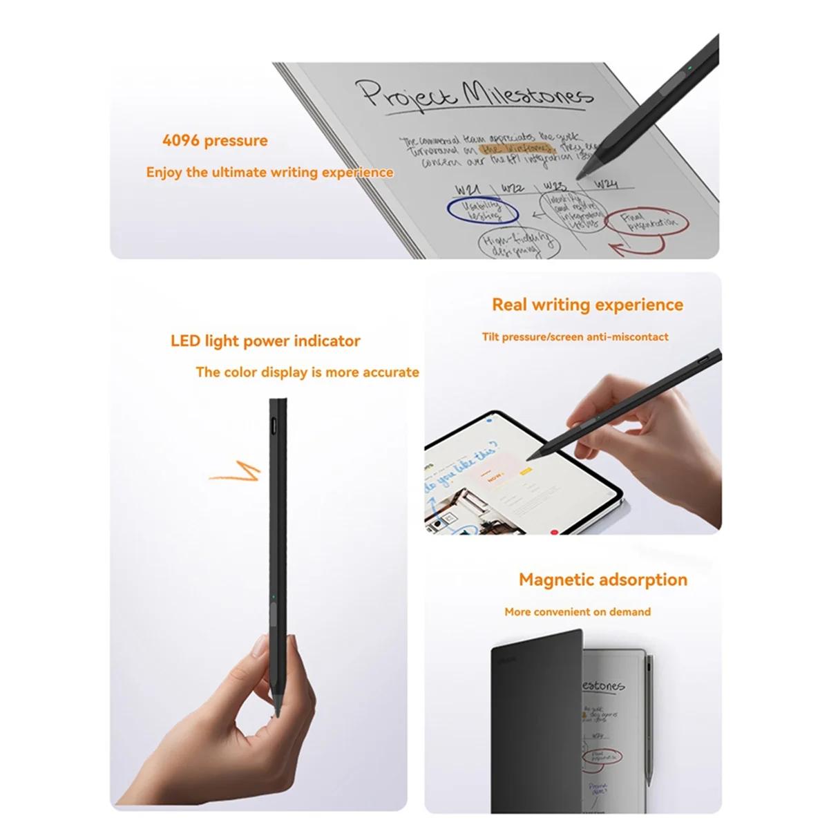 A01R 4096 Stylus Pen for Remarkable Paper Pro Stylus with Eraser 4096 Pressure-Sensitive Magnetic Touch Screen Stylus