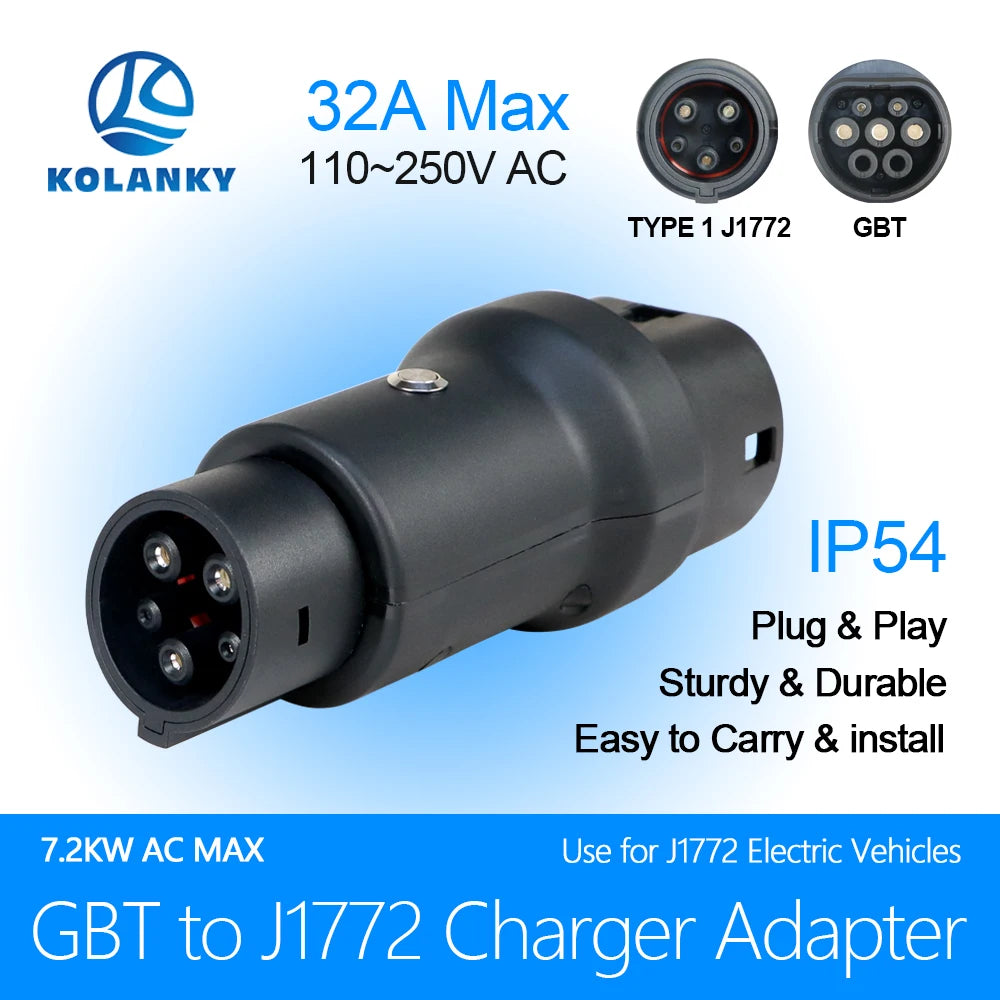Kolanky GBT To Type1 Adapter 32A 7.2kw GB/T Female Plug with Type 1 Female Converter J1772 Electric Car For Ford Chevrolet Tesla