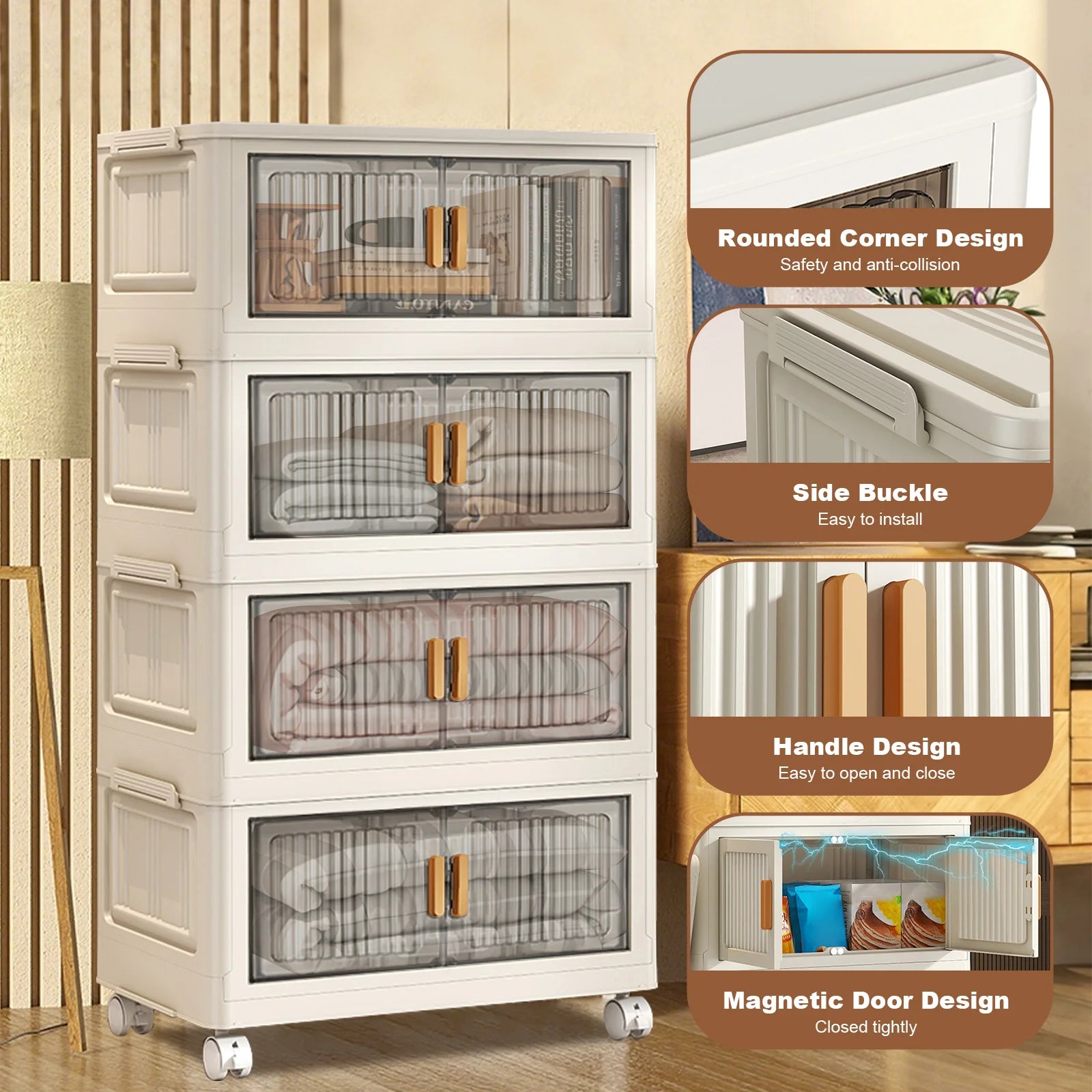 Plastic Folding Storage Cabinet, Multi-Shelf Organizer for Bedroom & Living Room, Compact Household Storage Cabinet