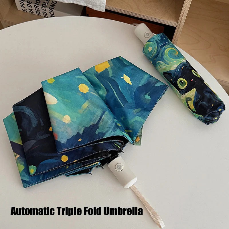 Cartoon Cat Green Folding Umbrella Professional Sun Protection And UV Protection Umbrella Dual use of Rain and Sunny Automatic