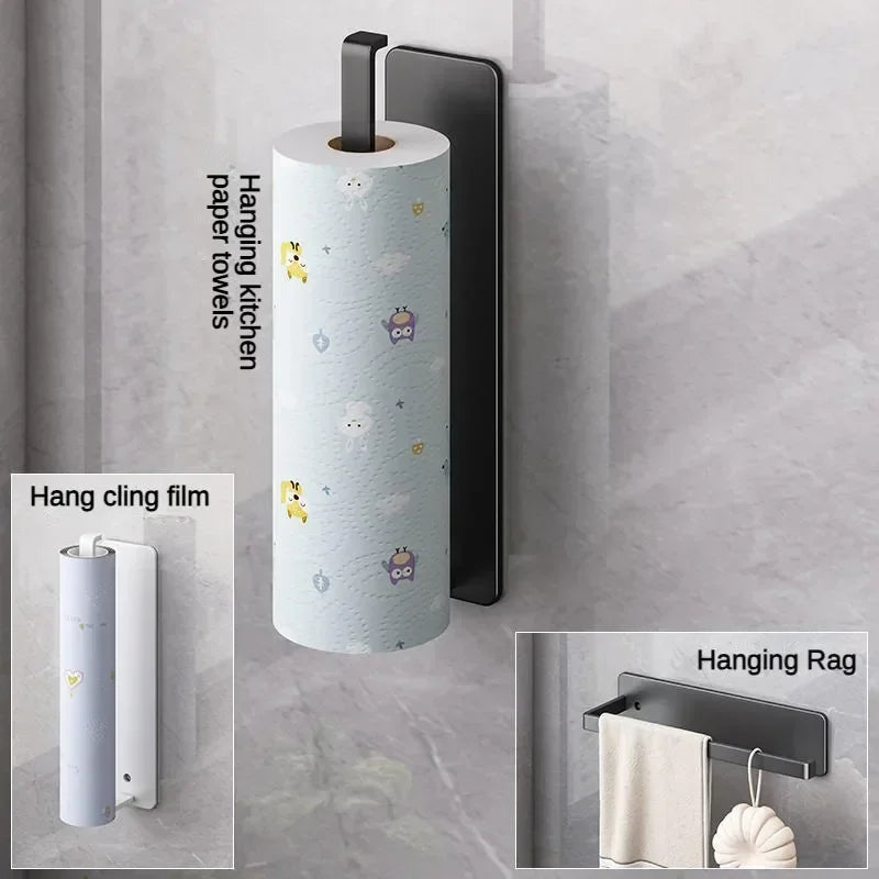 Kitchen Tissue Holder Without Punching Strong and Traceless Cling Film Cloth Storage Rack Cabinet Roll Paper Storage Rack