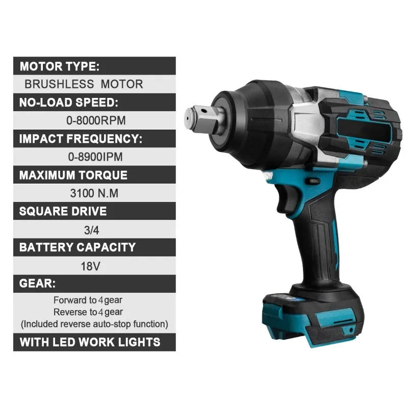 3100N.M High Torque Brushless Electric Impact Wrench 3/4 Inch Cordless Electric Wrench Power Tools for Makita 18V Battery