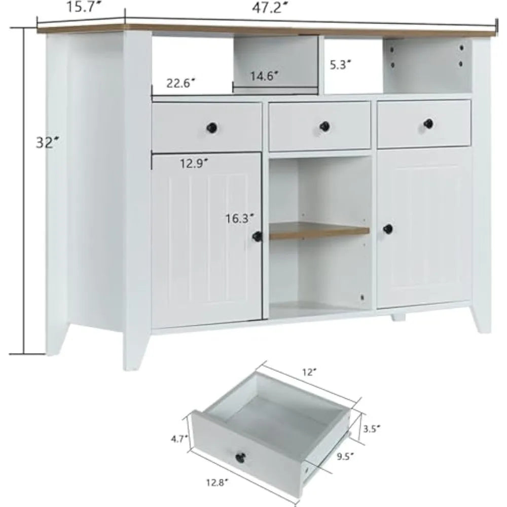 Farmhouse Coffee Bar Cabinet with Storage, 47 Inch Coffee Bar with 3 Drawers & 2 Doors, White Buffet Cabinet with Open Shelf,