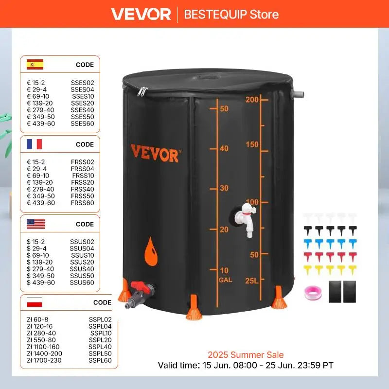 VEVOR Collapsible Rain Barrel 53/100 Gal Large Capacity PVC Rainwater Collection System with Spigots and Overflow Kitfor Garden