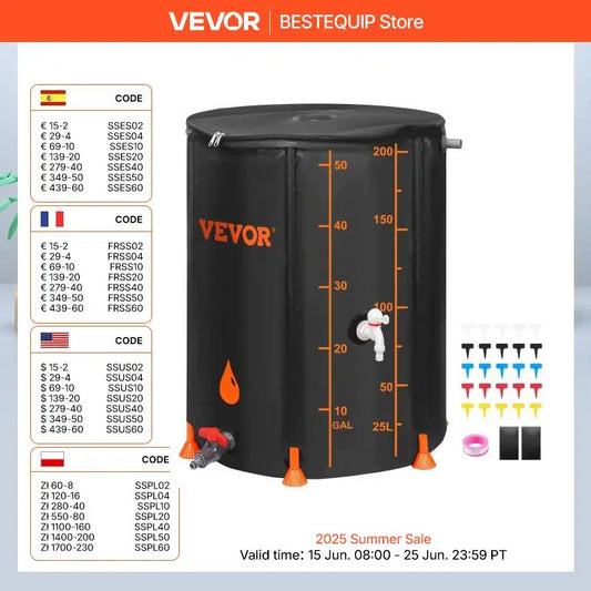VEVOR Collapsible Rain Barrel 53/100 Gal Large Capacity PVC Rainwater Collection System with Spigots and Overflow Kitfor Garden