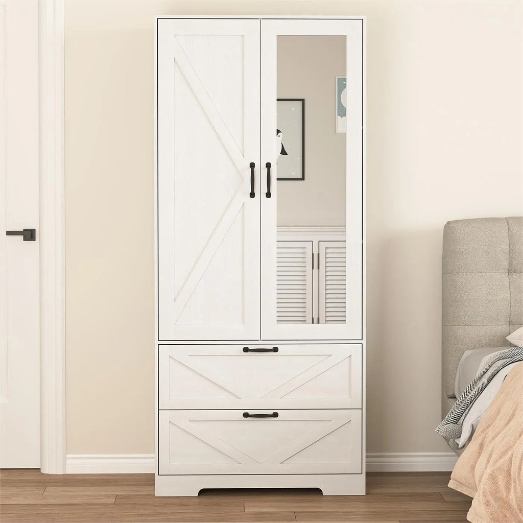 Armoire Wardrobe Closet with Doors & Mirror,72‘‘ Wardrobe Cabinet with 2 Drawers & Hanging Rod,Clothing Storage Adjustable Shelf