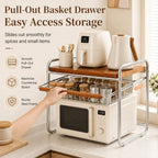 Microwave Oven Rack with Pull-Out Basket Kitchen Countertop Storage Shelf Metal Wood Grain Organizer for Rice Cooker
