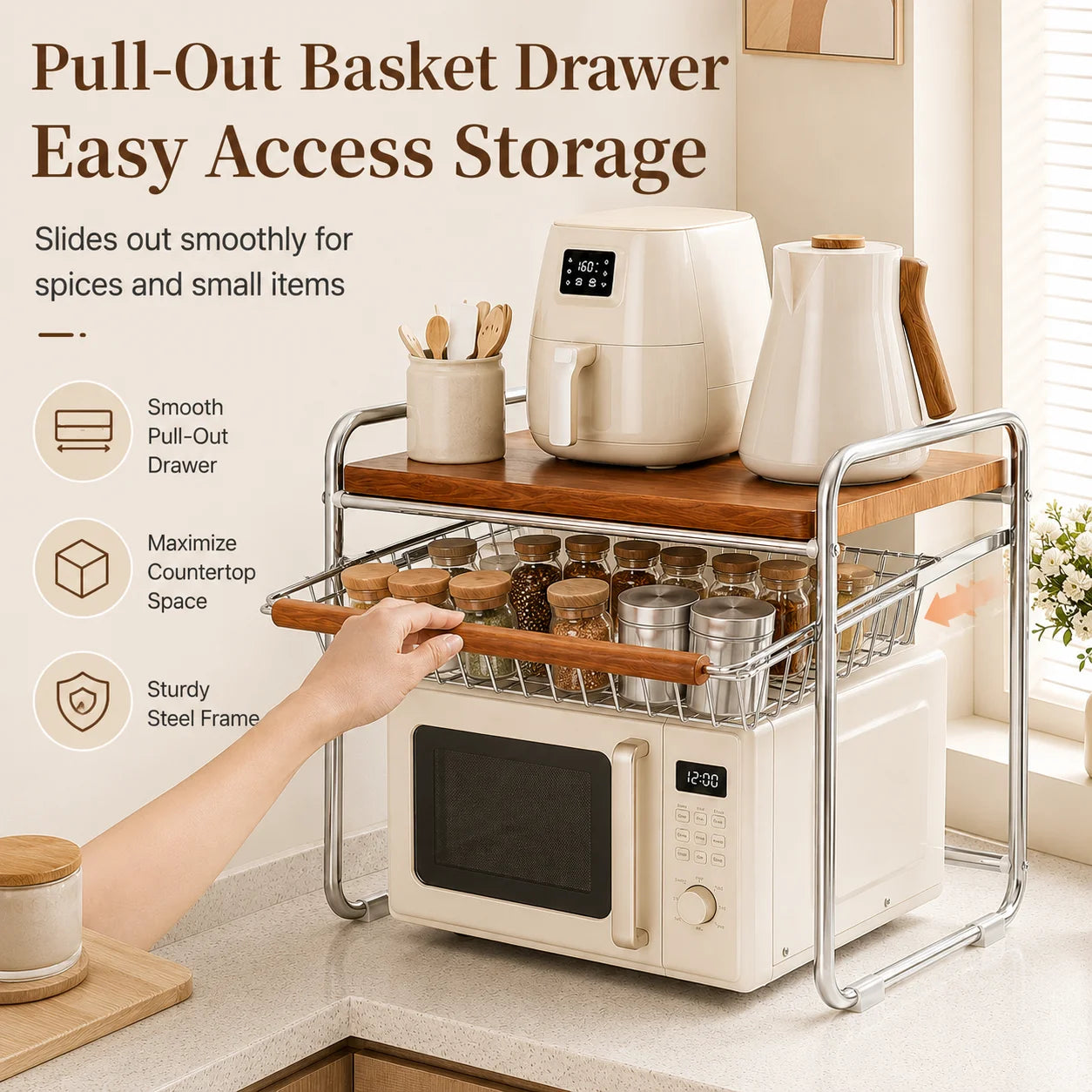 Microwave Oven Rack with Pull-Out Basket Kitchen Countertop Storage Shelf Metal Wood Grain Organizer for Rice Cooker