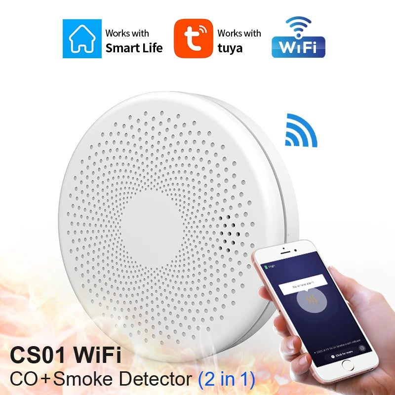 2 IN 1 WiFi Function Tuya APP Smart Life Home Kitchen Room CO & Smoke Detector Sensor  Fire Sound Alarm Carbon Monoxide Alert
