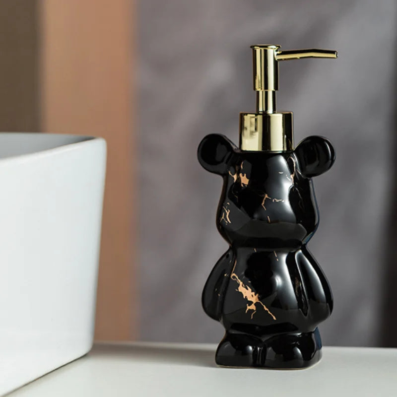 Luxury Marbling Bear Shape Ceramics Soap and Gel Dispenser Creative Black White Empty Shampoo Bottle Bathroom Storage Accessorie
