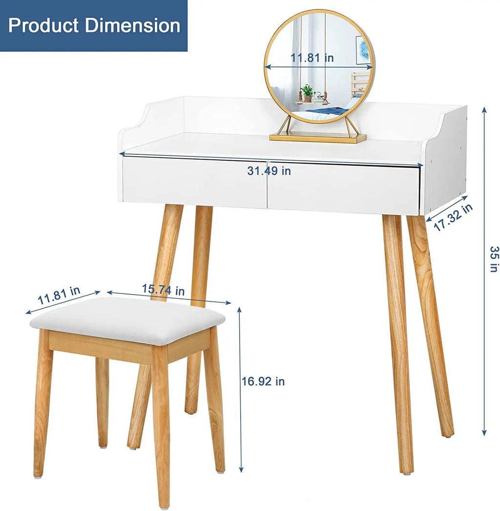 White Makeup Vanity Set with Mirror 2 Drawers Dressing Table for Bedroom