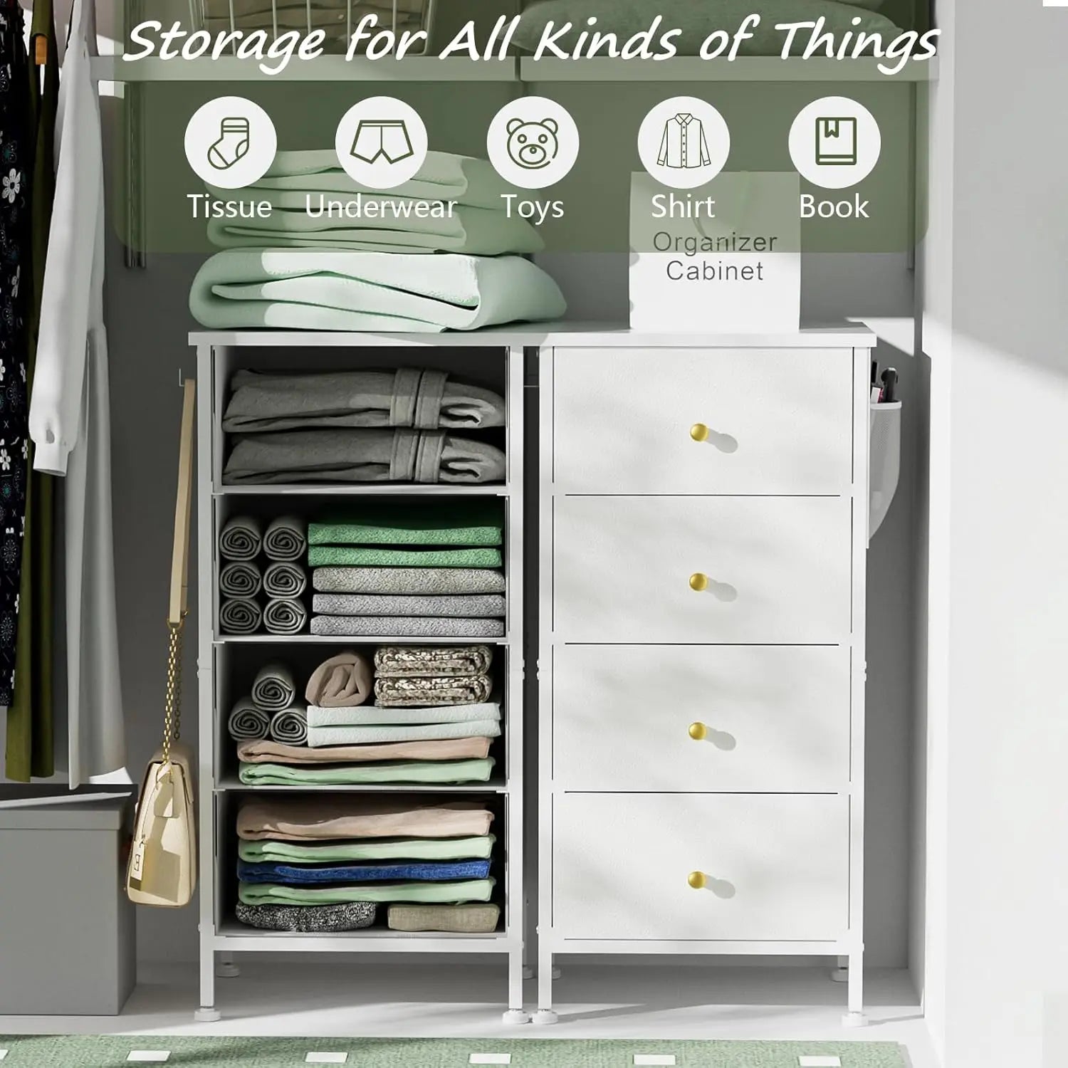 Tall Dresser with 4 Drawers,White Dresser for Bedroom, Tall Storage Tower for Closet,Nursery, Dorm, Dresser Organizer with Frame