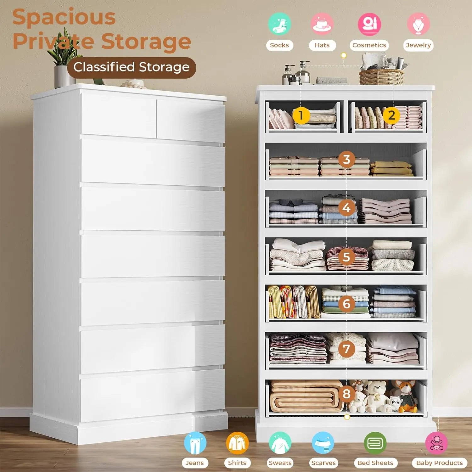 White Tall Dresser for Bedroom with 8 Drawers, 59.6" Tall Dressers & Chests of Drawers, Modern Wood Closet Organizer and Storage