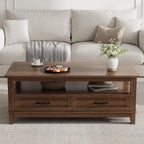 Farmhouse Coffee Table with Drawers, 47.2" Center Table Rustic Coffee Tables Walnut Center Table with Open Shelf