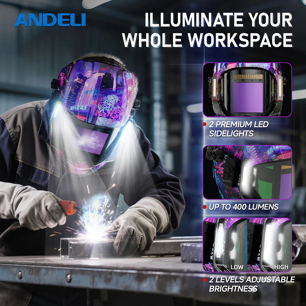 ANDELI Welding Helmet with LED Light Panoramic Large Viewing Screen 3.94"X3.74"True Color Auto Darkening Welding Mask for Weld
