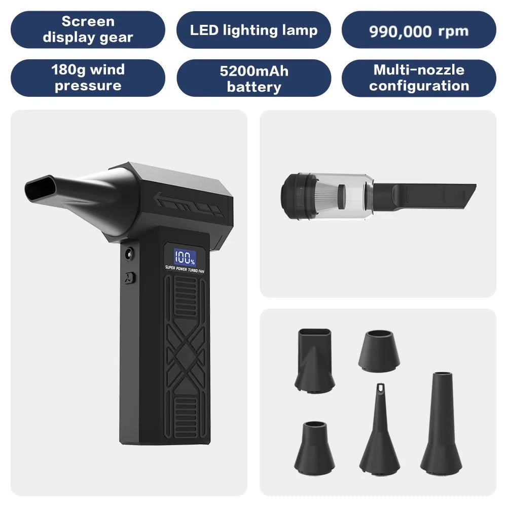 990000RPM Violent Fan Dust Blowing Brushless Ultra Turbo Fan Jet Battery Display High-Speed Handheld Powerful Blower Low Noise