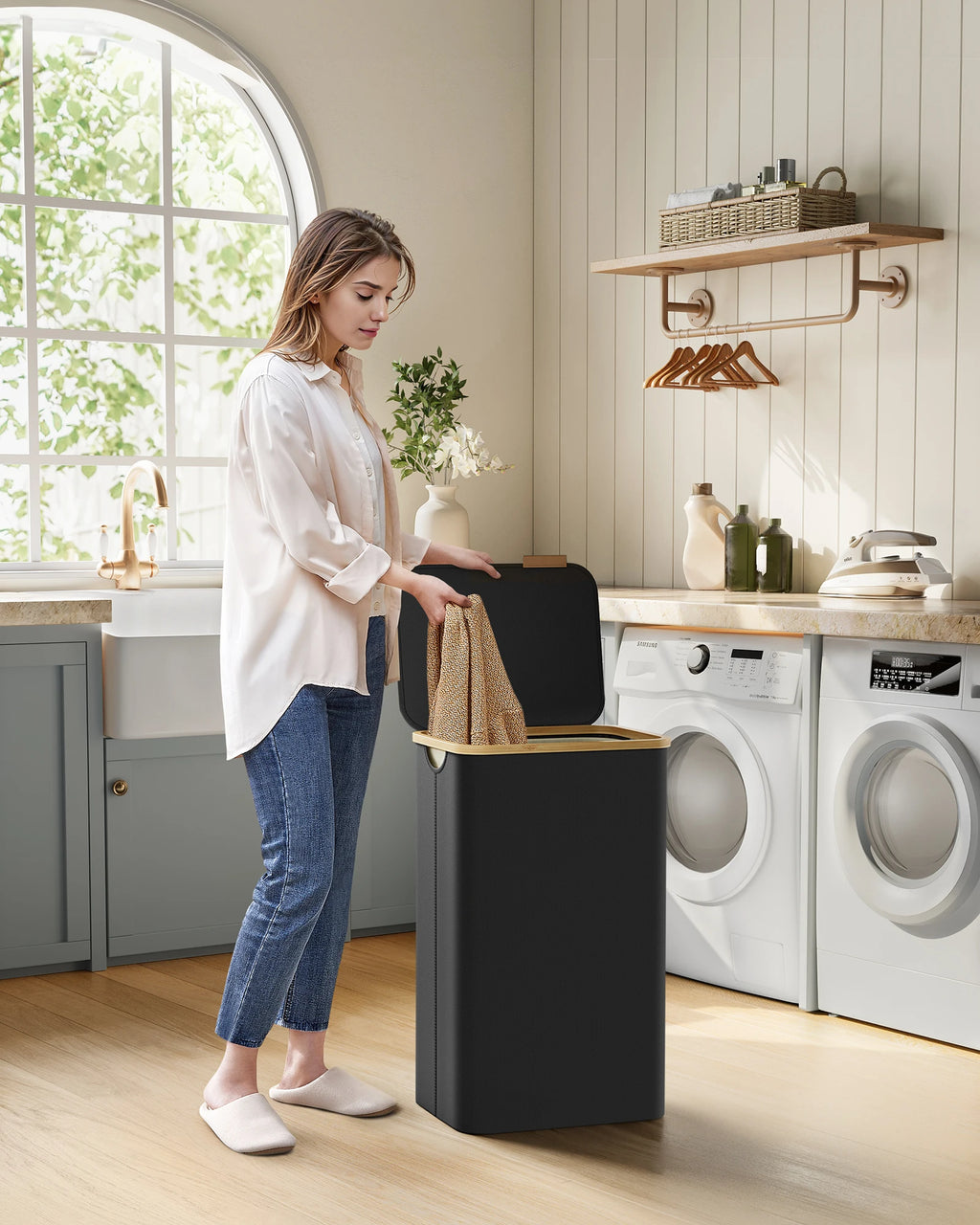 SONGMICS laundry basket with Lid Laundry Collector 90 L Removable Laundry Bag Oxford Fabric Bamboo Handles