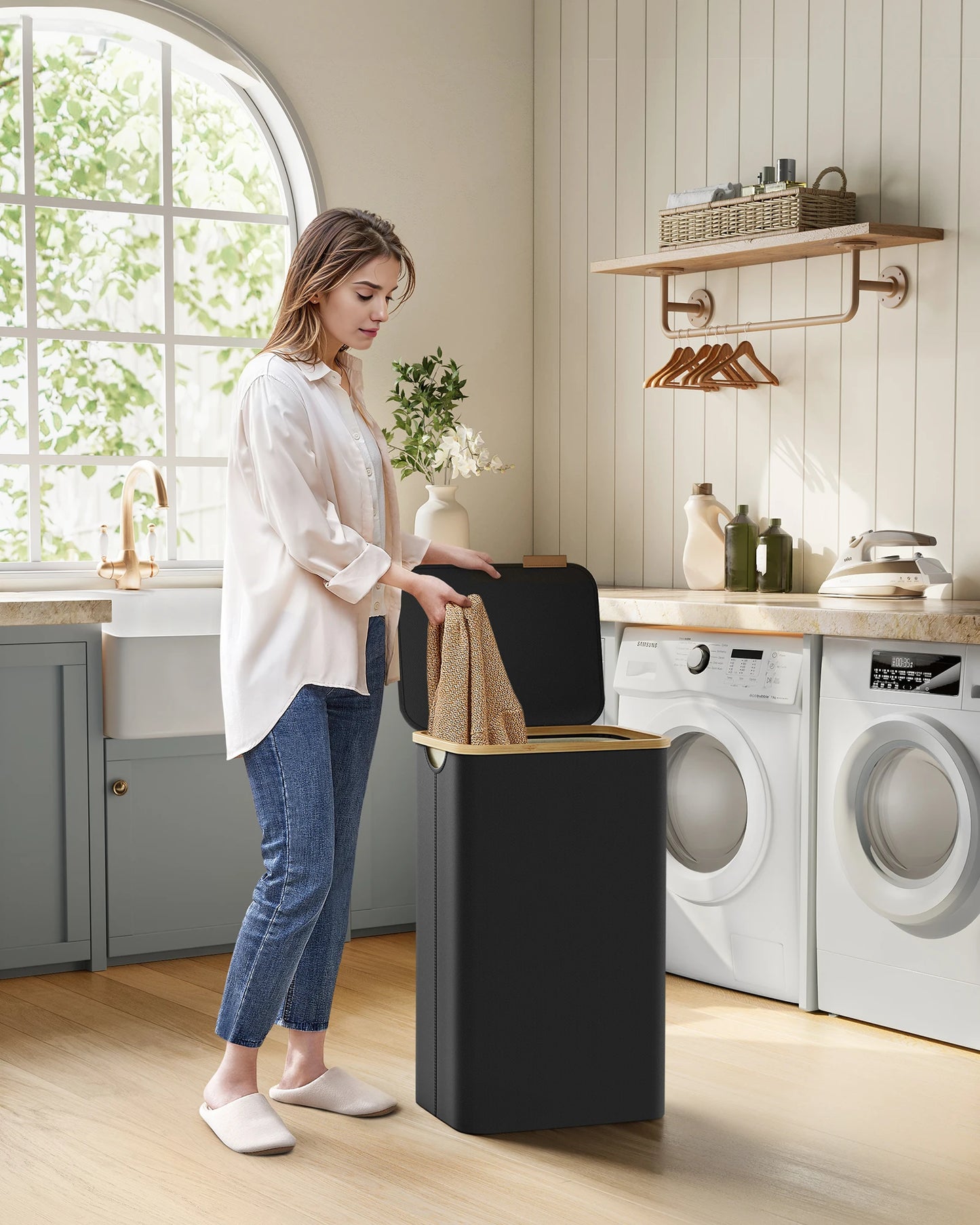 SONGMICS laundry basket with Lid Laundry Collector 90 L Removable Laundry Bag Oxford Fabric Bamboo Handles