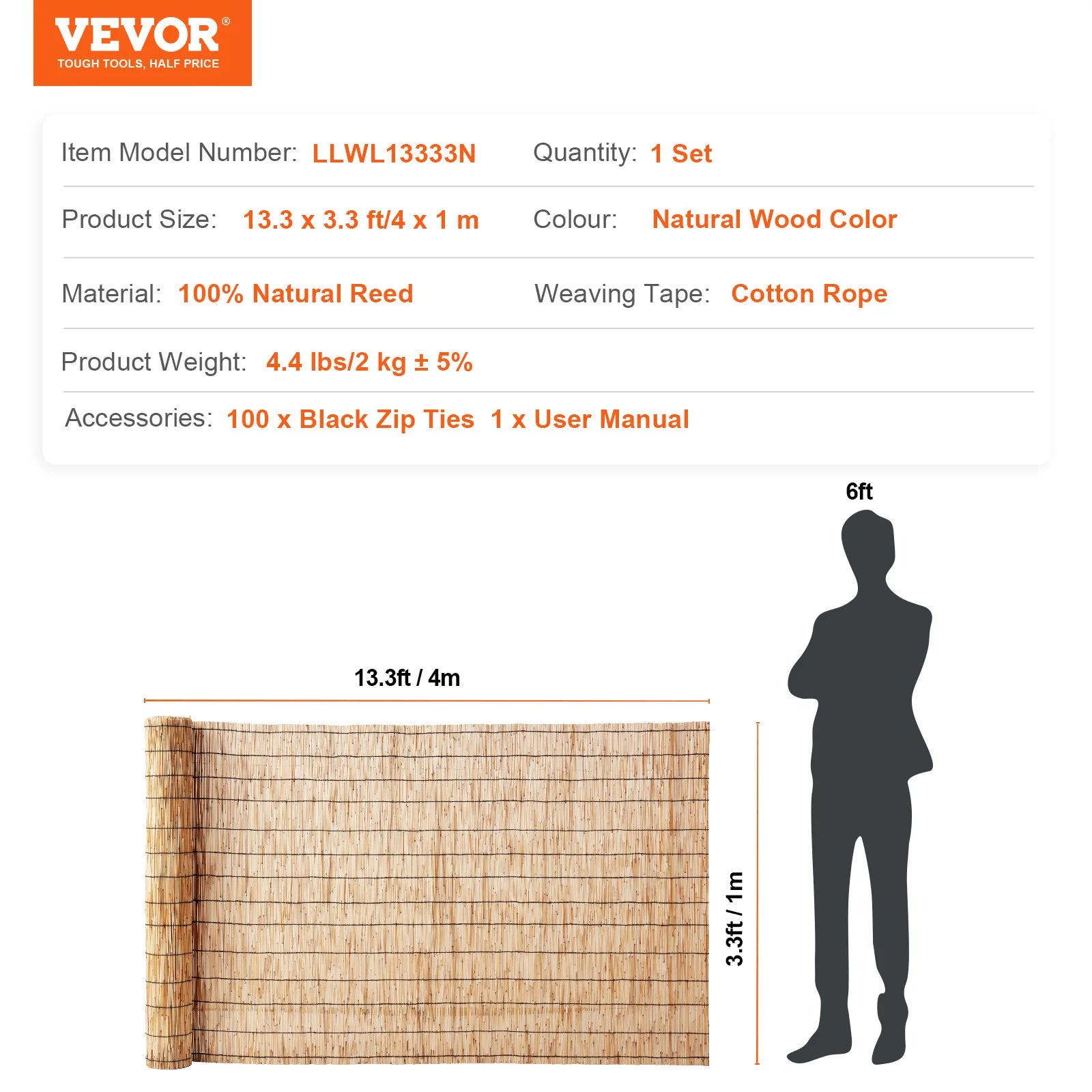 VEVOR Natural Reed Fencing 5.5 ft x 16.4 ft Balcony Reed Fence Roll for Outdoor Backyard Patio Backyard Garden Fencing Divider