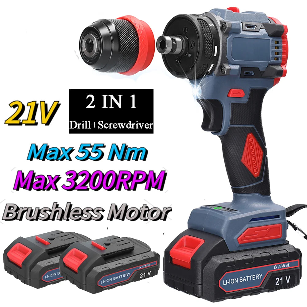 21V 2in1 Lithium Drill Electric Screwdriver Power Tool 55Nm Torque Brushless Motor Practical Screw Driver for Home Appliances