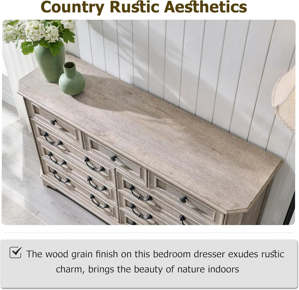 Farmhouse 9 Drawers Dresser for Bedroom, 54" Wide Wood Rustic Chest of Drawers with Natural Texture, Vintage Design, Storage