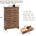Farmhouse 5 Drawers Dresser for Bedroom, Tall Chest of Drawers with Thick Plank Styling, Wood Rustic Closet Dresser for Bedroom