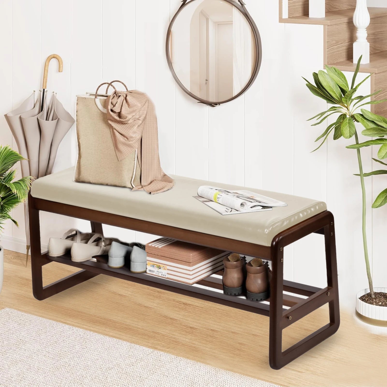 Entryway Bench with Cushion Wood Shoe Storage Bench Shoe Bench Rack Organizer for Hallway, Living Room