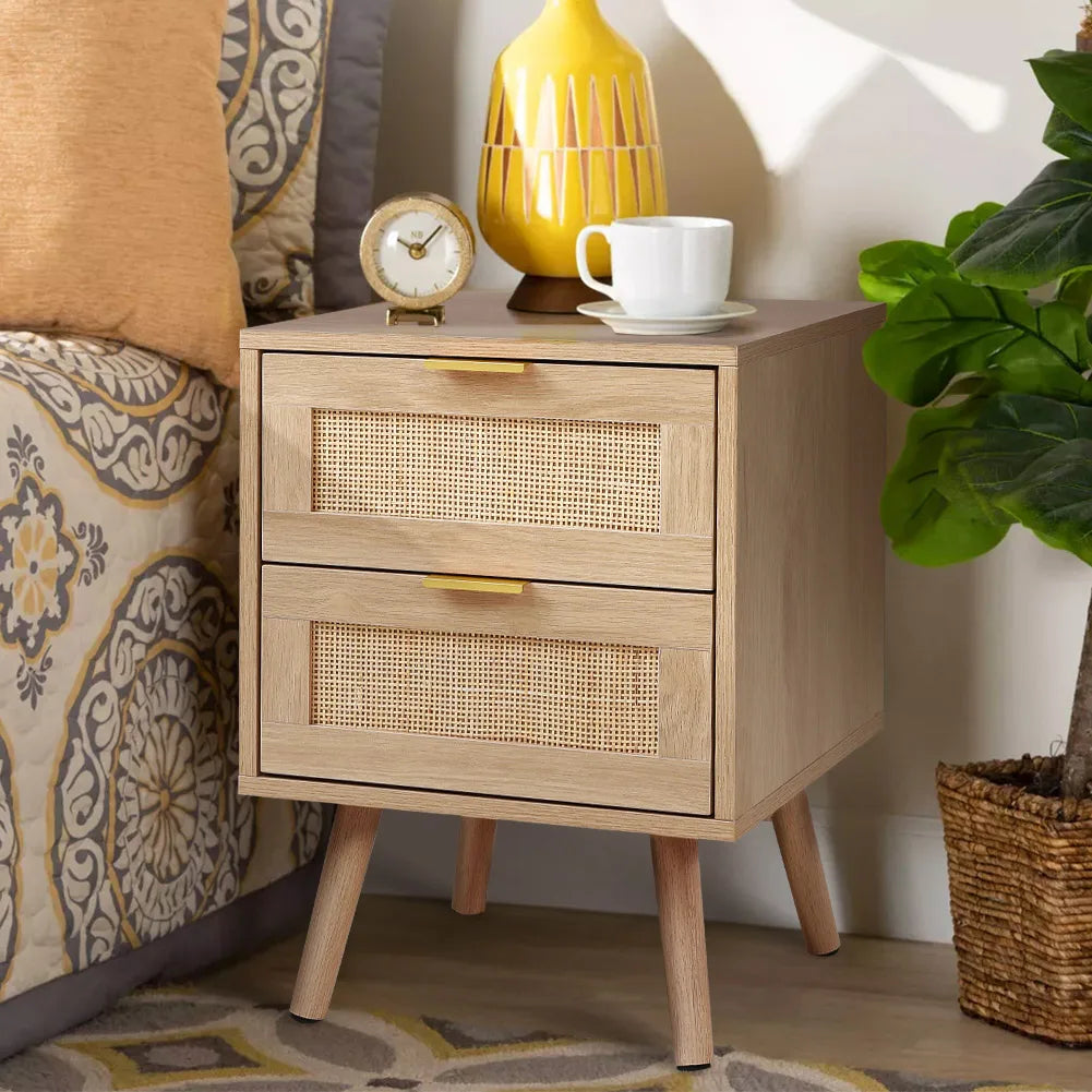 【Lifeideas】 2 Pack Wood and Rattan Side Cabinet Livingroom Bedroom Decoration Storage Cabinet Modern Classic