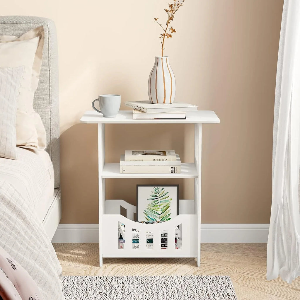 White Bedside Table B, Small End Table with Storage Shelf Basket, Side Table Small Spaces, Slim Coffee Tables, White Nightstand