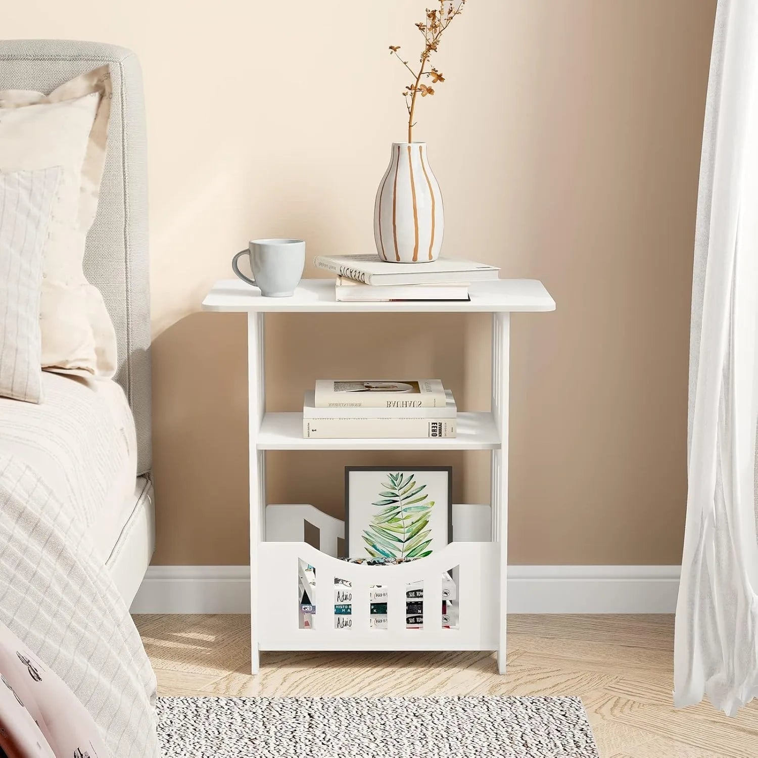 White Bedside Table B, Small End Table with Storage Shelf Basket, Side Table Small Spaces, Slim Coffee Tables, White Nightstand