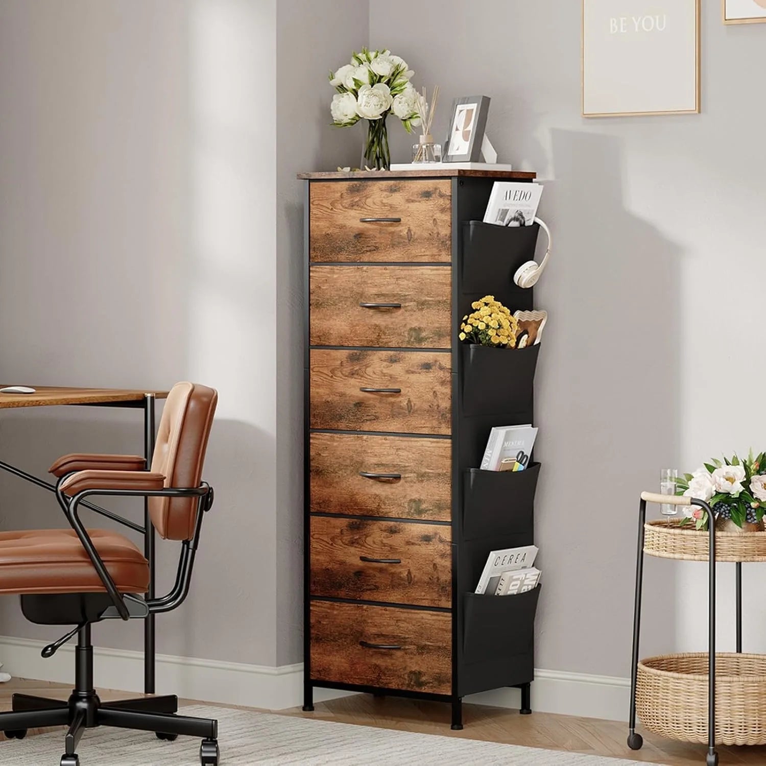 Tall Dresser for Bedroom with 6 Drawers and Side Pockets, Storage Organizer Chest of Drawers with Fabric Bins for Closet