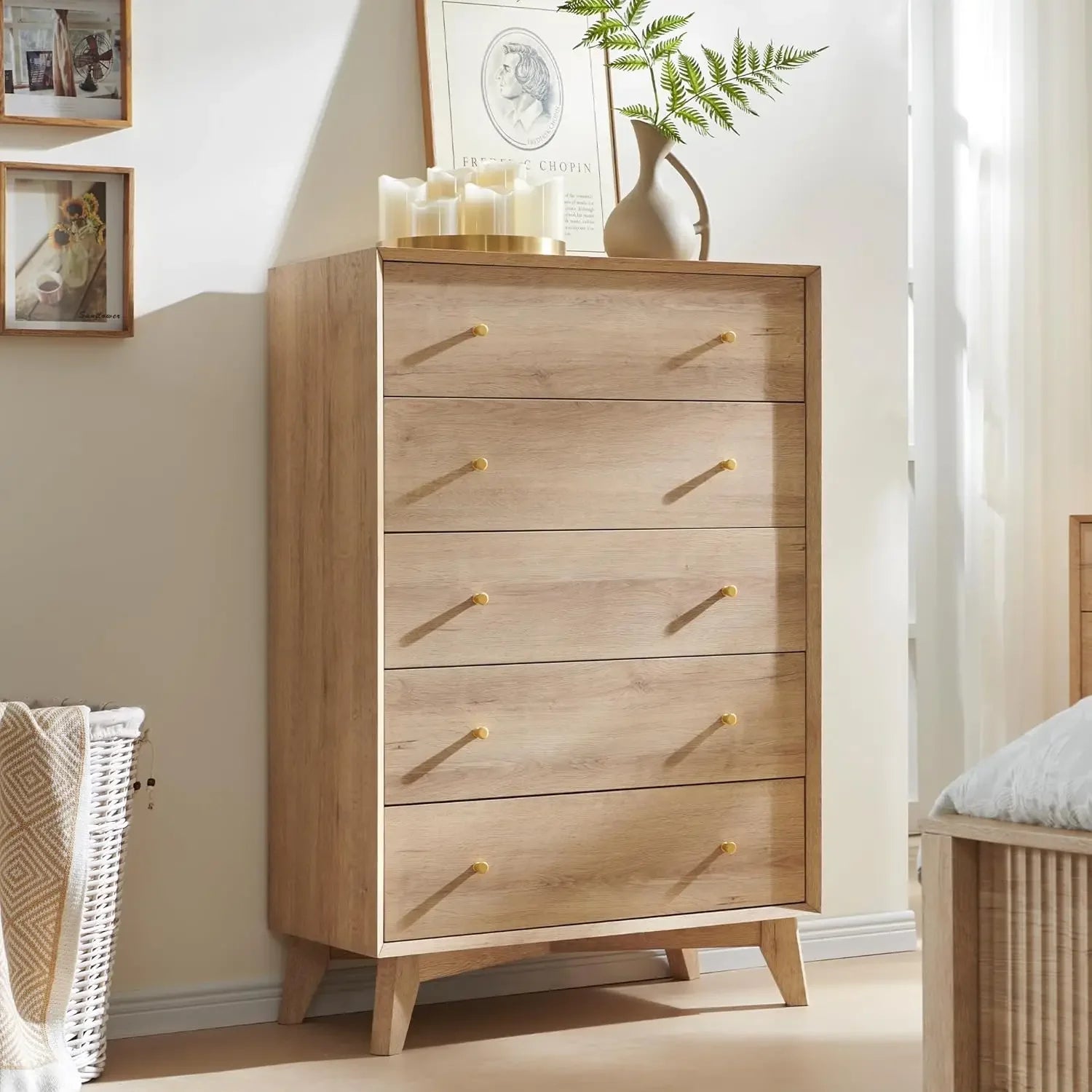 5 Drawer Dresser for Bedroom, 48" Tall Mid-Century Modern Chest of Drawers, Beveled Profile Design, Wood Drawer Organizer