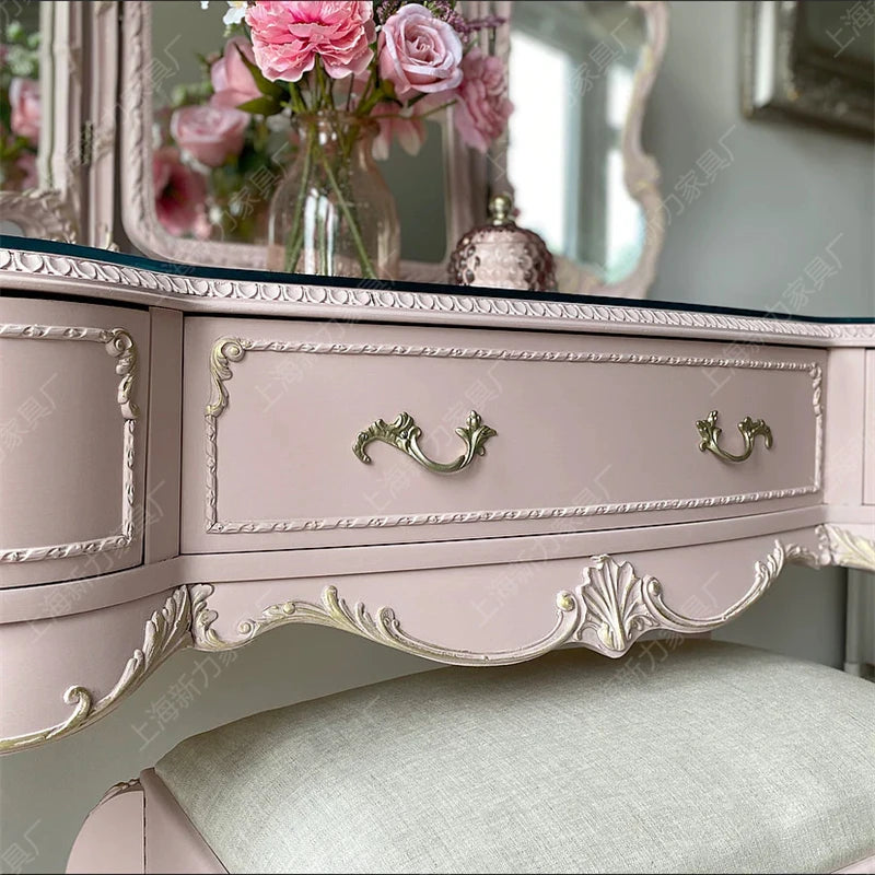 Retro old pink dresser Nordic European solid wood carving flower dressing table makeup stool glass combination