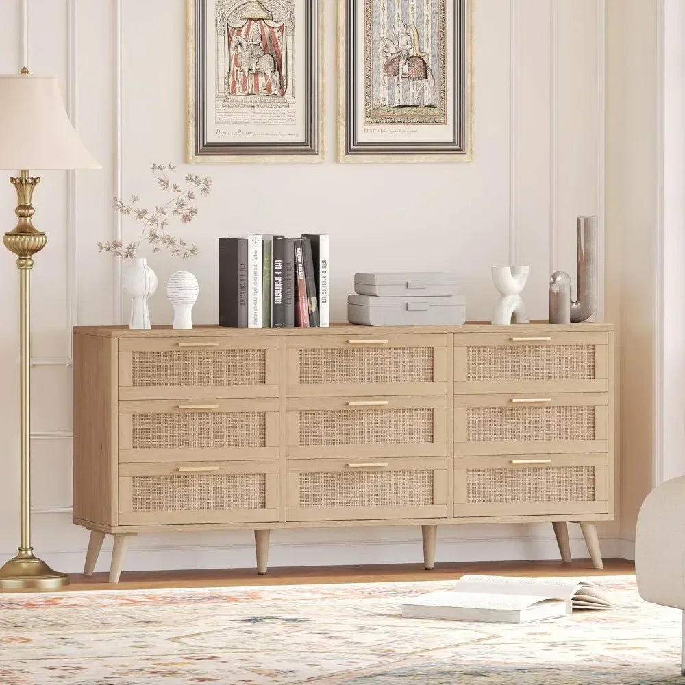 9 Drawer Double Dresser for Bedroom, Rattan Chest of Dressers, Modern Wooden Dresser Chest with Golden Handles, Beside Table