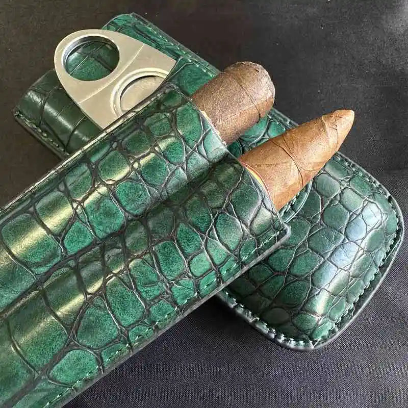 Cigar Tube 2 Slots Case with Cigar Cutter Travel  portable Cigar Accessories Leather Humidor 917