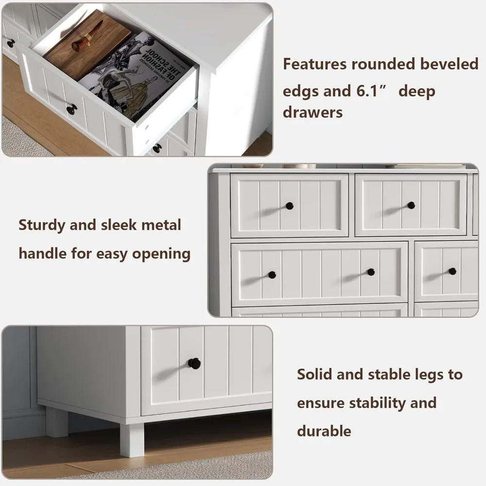 Farmhouse 7 Drawers Dresser for Bedroom, White Dresser Chest of Drawers, Wood Storage Dressers with Deep Drawers and Metal Handl
