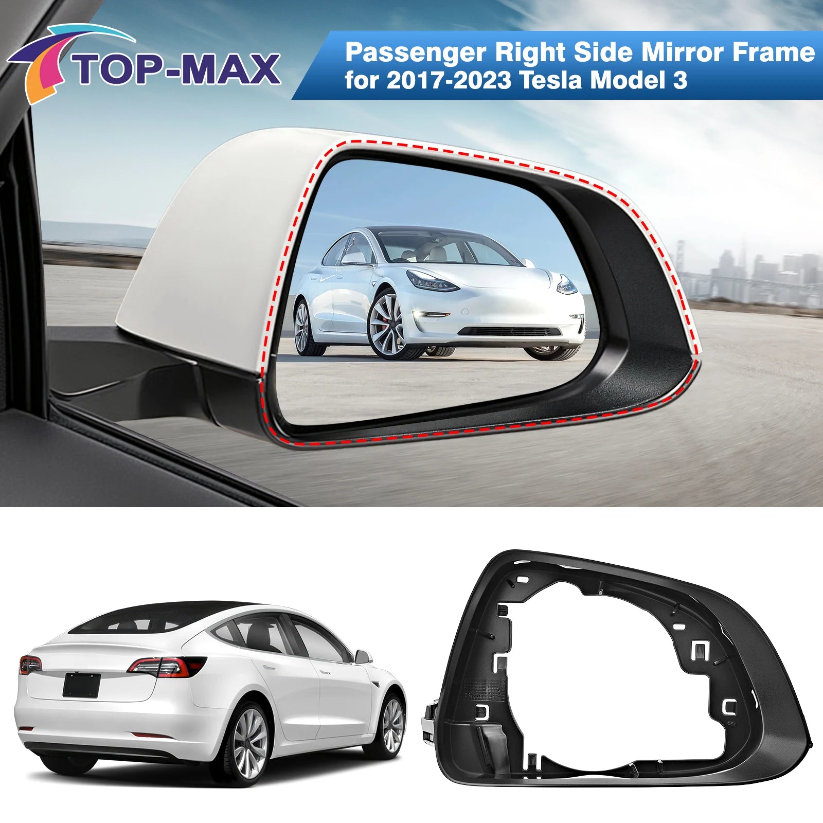 For Tesla Model 3 All Model Wing Rearview Mirror Cover Frame Reversing Mirror Frame Left & Right Exterior Mirror Supporting Ring