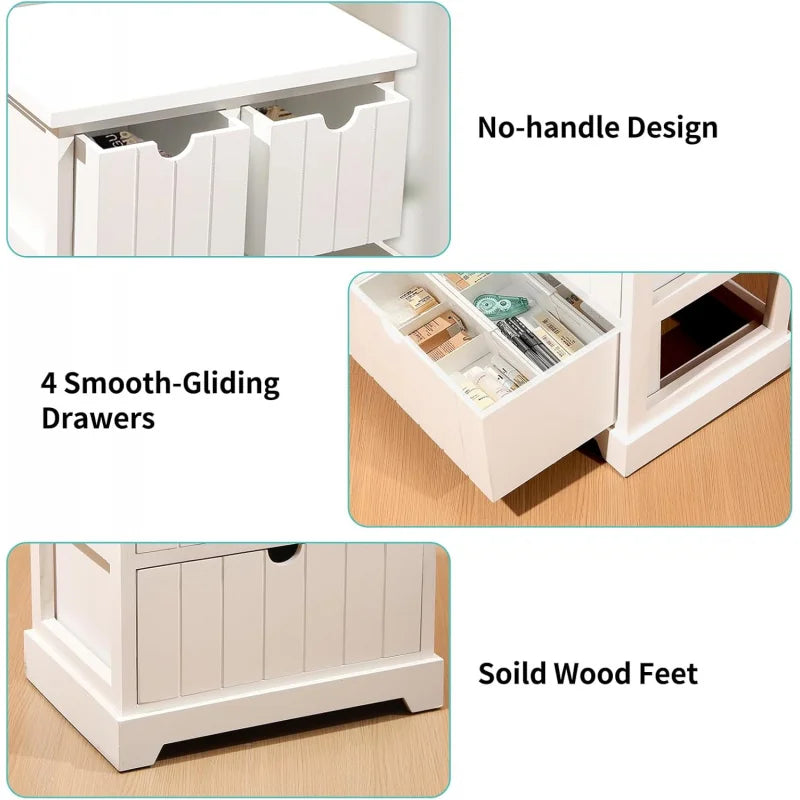 White Nightstand with 4 Drawers, Modern Bedside Table with Storage, Wooden Dresser for Bedroom, Night Stand with Drawers, Sturdy