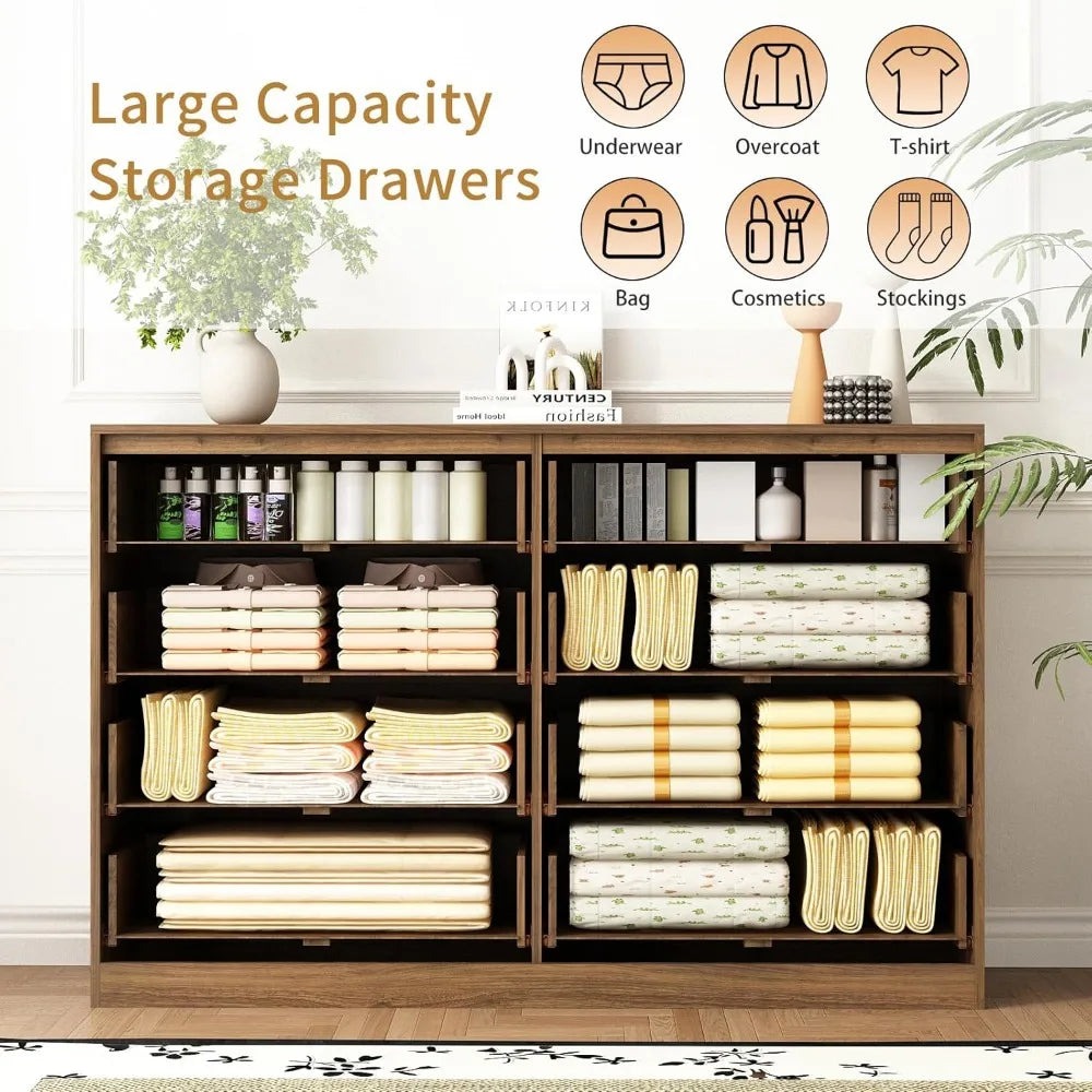 8 Drawer Dresser for Bedroom, Modern Fluted Double Dresser, 55" Wide Chest of Dressers, Mid Century Wooden Beside Table for Clos