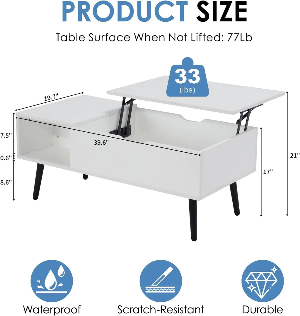 39"Wood Lift Top Coffee Table with Hidden Compartment Wood Coffee Desk with Storage Shelf Lift Tabletop Dining(White)