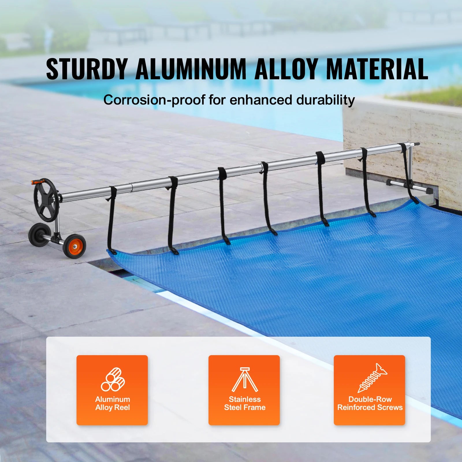 SucceBuy 14/18/20/22ft Pool Cover Reel Solar Inground Cover Aluminum Reel Set with Sandbags Fits for 3-14ft Width Swimming Pools