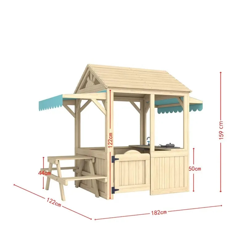 Wood Kids Play House Wooden Children Playhouse Outdoor Kids Playhouse with Play Kitchen Snack Bar Window Picnic Bench