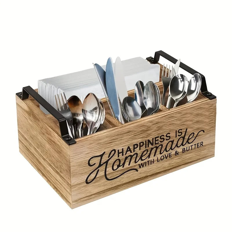 High-Quality, Classic Wooden Kitchen Utensil Organizer - Portable Storage Box with Open Design for Easy Access, Storage