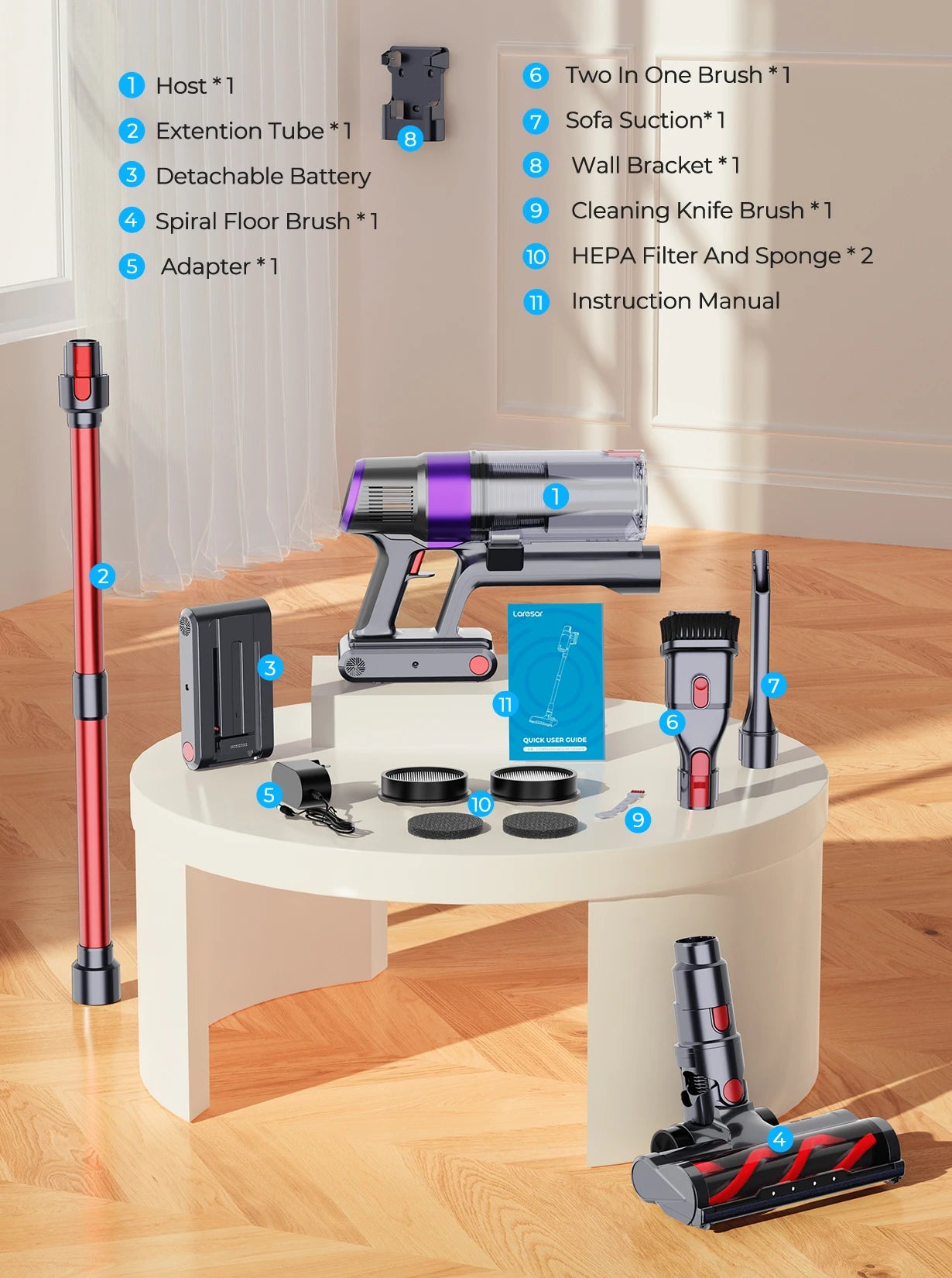 Laresar 48000pa 500W V8 Cordless Vacuum Cleaner Car 60 Mins Home Appliance Wireless Removable Battery 2024 NEW Brushless mo