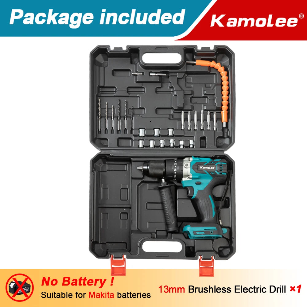 Kamolee 13MM New Brushless Electric Impact Drill Cordless Screwdriver Lithium Battery Charging Hand Drill For Makita 18V Battery