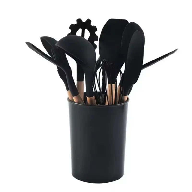 12Pcs Silicone Kitchen Utensils Spatula Shovel Soup Spoon Cooking Tool with Storage Bucket Non-Stick Wood Handle Kitchen Gadgets