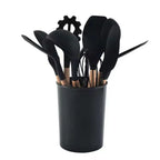 12Pcs Silicone Kitchen Utensils Spatula Shovel Soup Spoon Cooking Tool with Storage Bucket Non-Stick Wood Handle Kitchen Gadgets